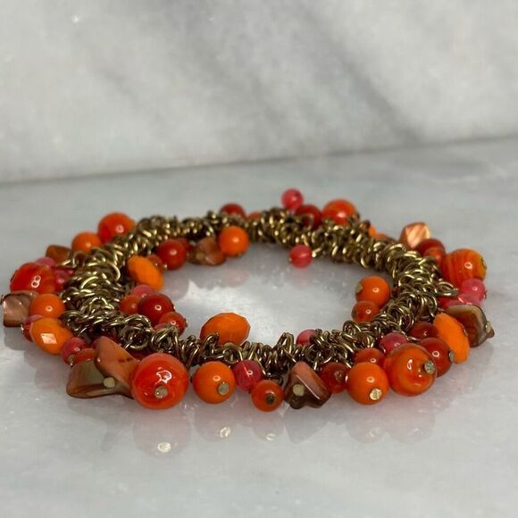 No Brand Jewelry - Vintage Cluster Multi-shaped Beaded Bracelet Red and Orange Gold-tone Anklet Ela